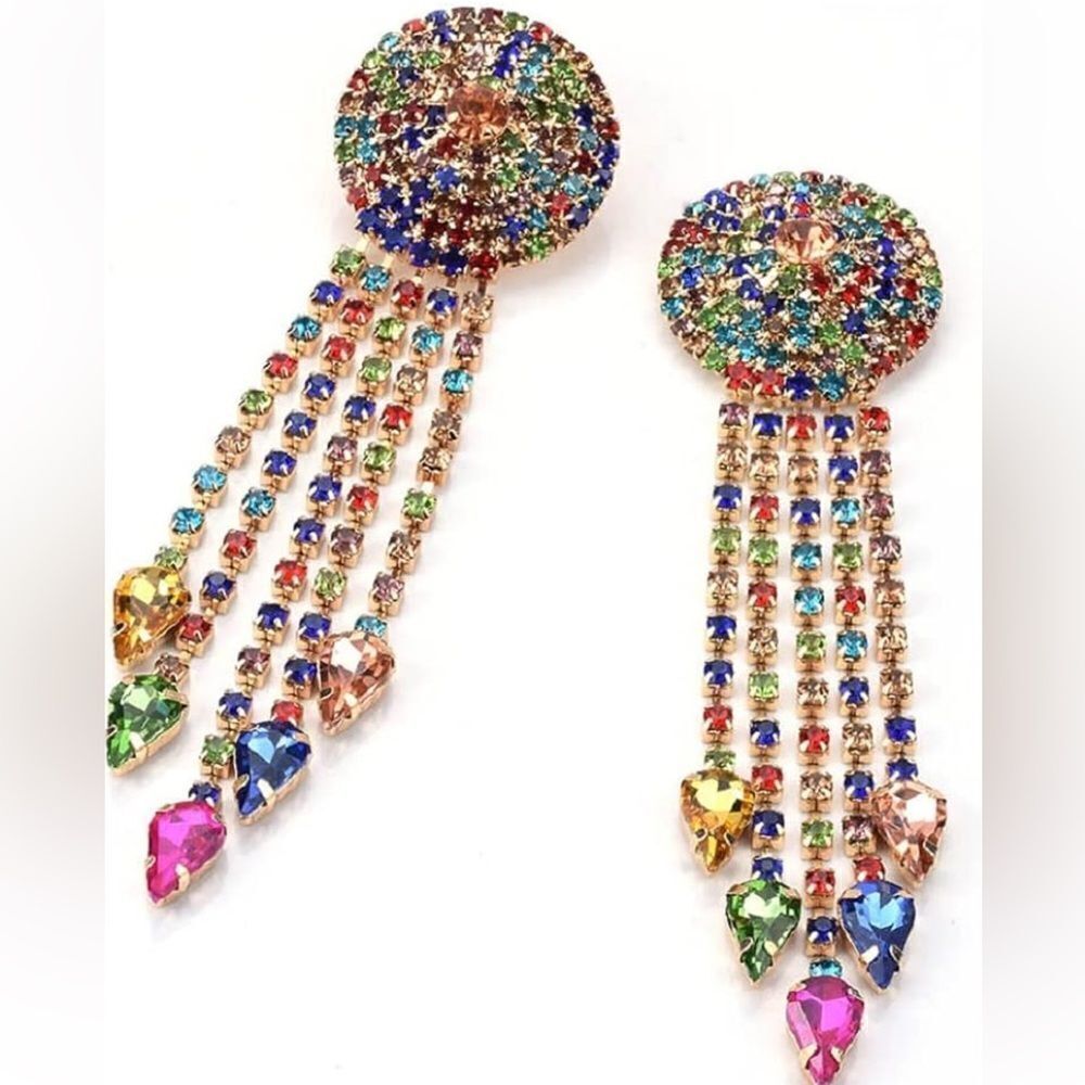 New Sphere Multi Rainbow Chandelier Dangle Arrow Fringe Sterling Silver Earrings - Picture 2 of 10